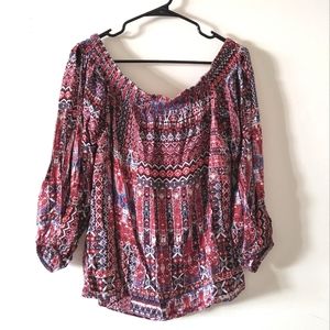 🌟 BCBGerneration Red Tribal Off Shoulder Slit Balloon Sleeve Blouse Size M